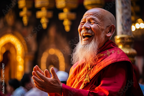 old Tibetan monk with long white beard and traditional clothing applauding and laughing