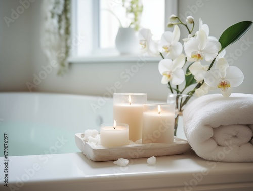 Beautifully decorated bathroom tray with flowers and candles, home bathroom interior decor with copy space