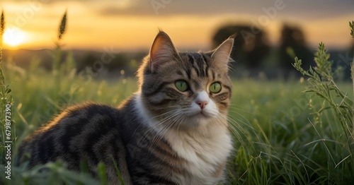 Gato rayado de ojos verdes sentado en un verde prado con pasto largo al atardecer