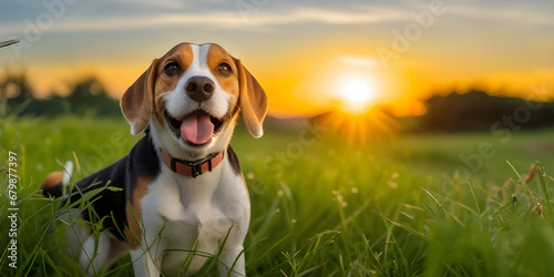 perro beagle de orejas largas con collar sonriendo y viendo a la camara en un prado verde al aire libre y un hermoso atardecer, copyspace