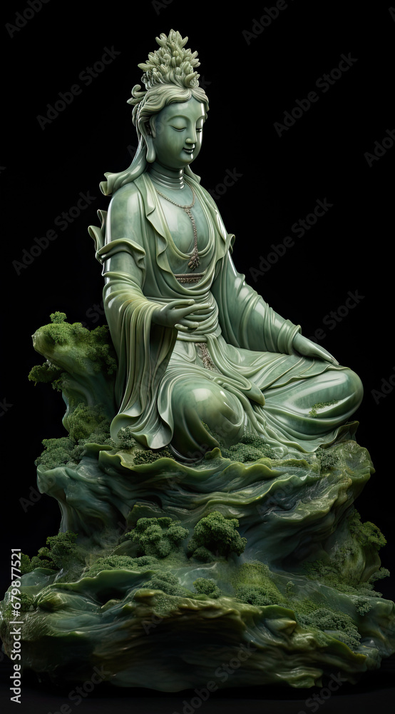 A green jade statue sitting on top of a rock