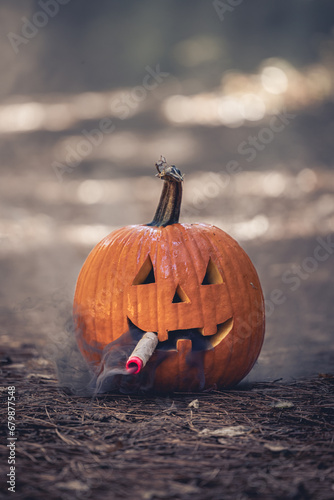 Smoking jack o' lantern in the forest