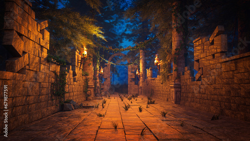 Fantasy ancient stone ruins in a jungle at night lit by fire torches on the walls. 3D rendering..