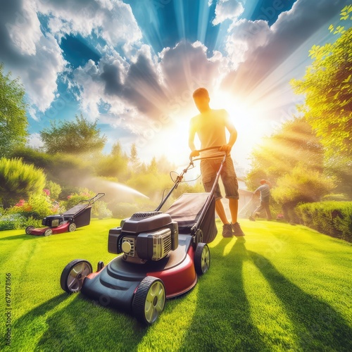 Summer and spring season sunny lawn mowing in the garden photo