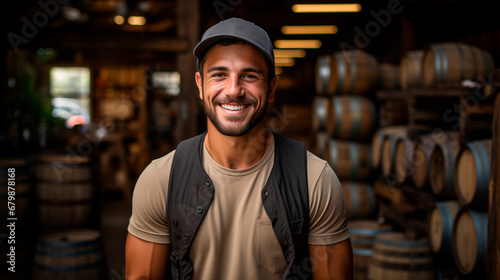 A handsome young man against the background of a warehouse with wooden beer barrels.