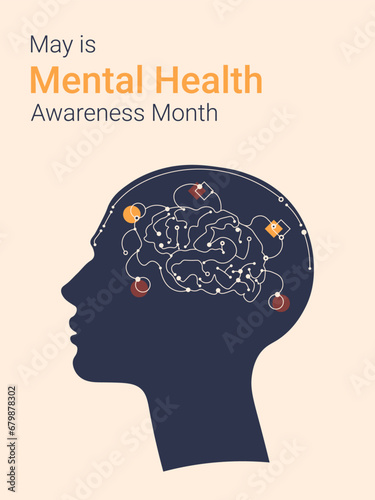 human head silhouette with brain. May is Mental Health Awareness Month