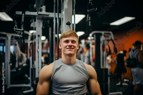 Portrait of young smiling muscular man in gym. Healthy lifestyle. sport concept