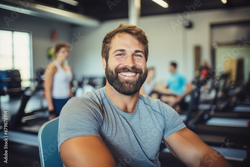 Portrait of young smiling muscular man in gym. Healthy lifestyle. sport concept