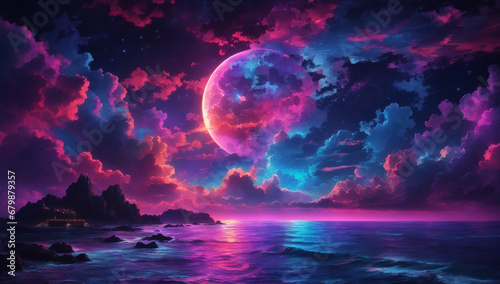 A nocturnal canvas comes to life with neon brilliance, casting a spellbinding glow on moonlit seas - AI Generative