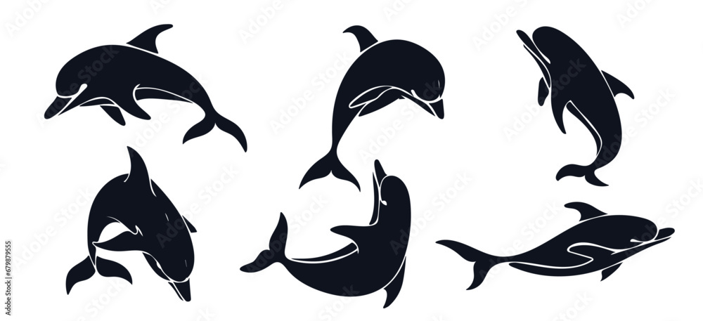 Set of silhouettes, stencils of aquatic mammals dolphins. Vector graphics. Set of silhouettes, stencils of aquatic mammals dolphins. Vector graphics.