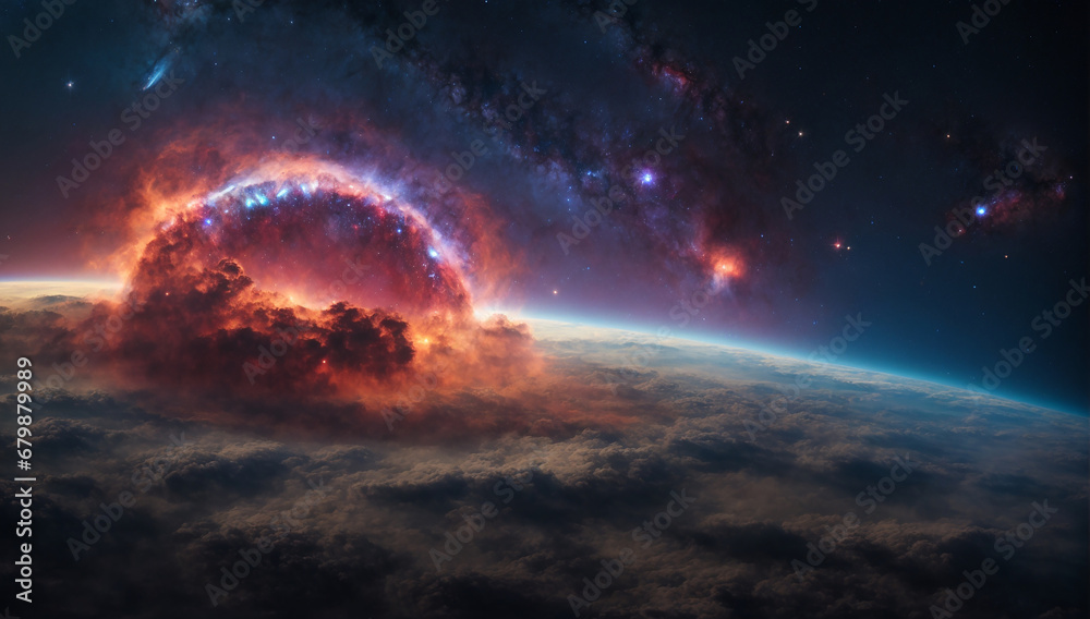 Obraz premium Panoramic view of a distant supernova remnant, expanding into the surrounding space - AI Generative