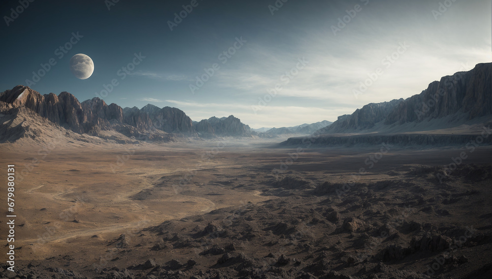 Panoramic view of a lunar landscape, showcasing its desolate and rocky terrain - AI Generative