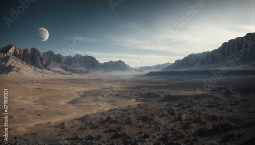 Panoramic view of a lunar landscape, showcasing its desolate and rocky terrain - AI Generative