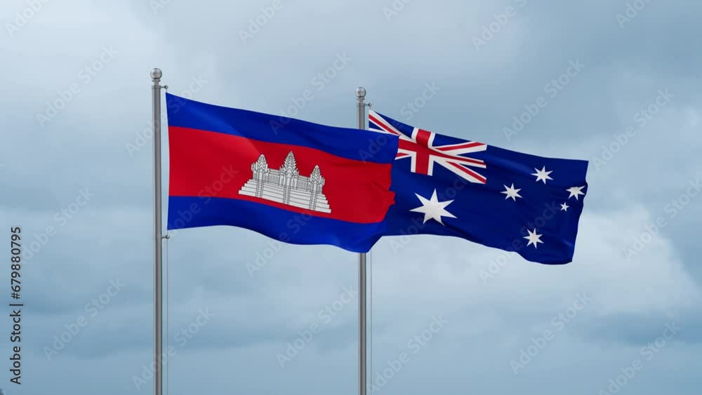 Australia flag and Cambodia flag waving together on cloudy sky, endless seamless loop, two country relations concept Australia flag and Cambodia flag waving together on cloudy sky, endless seamless loop, two country relations concept