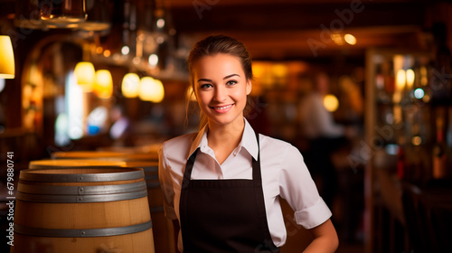 Young waitress in an apron smiling in a classic restaurant with wooden beer barrels.
