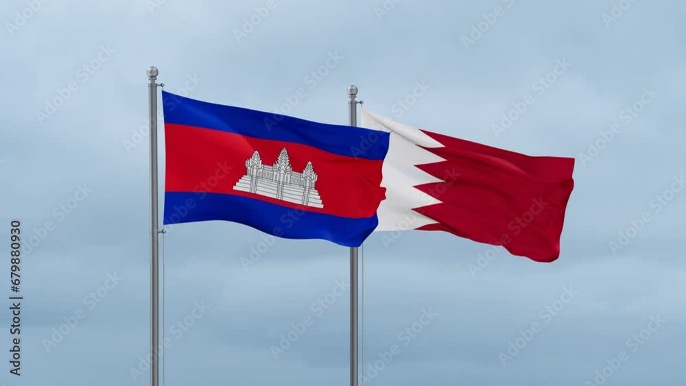 Bahrain flag and Cambodia flag waving together on cloudy sky, endless seamless loop, two country relations concept Bahrain flag and Cambodia flag waving together on cloudy sky, endless seamless loop, two country relations concept
