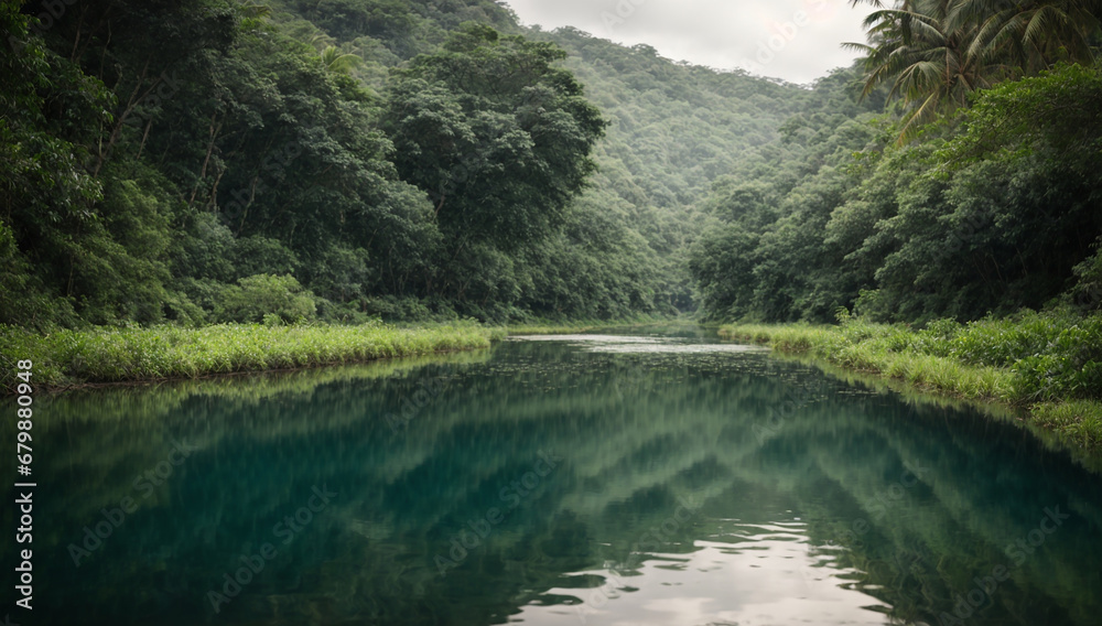 Peaceful jungle river reflecting the lush surroundings like a mirror - AI Generative