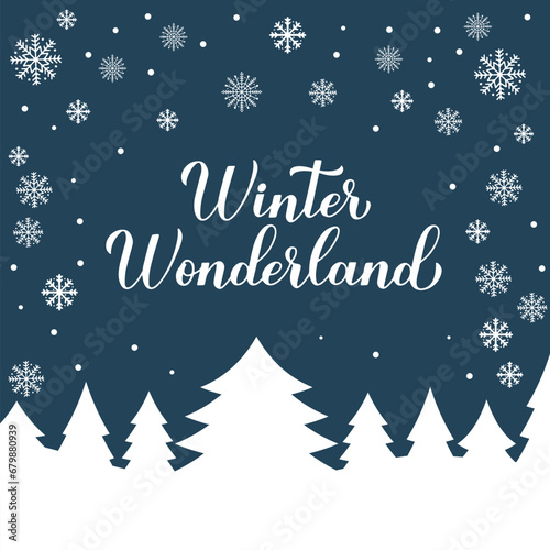 Winter Wonderland calligraphy hand lettering. Seasonal holidays typography poster. Vector template for greeting card, banner, flyer, sticker, sign, etc.