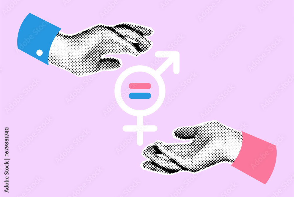 Equality gender symbol art collage with male and female hands showing equal sign. Parity, rights, equity, unity concept. Banner, poster with halftone modern retro cutout elements - obrazy, fototapety, plakaty 