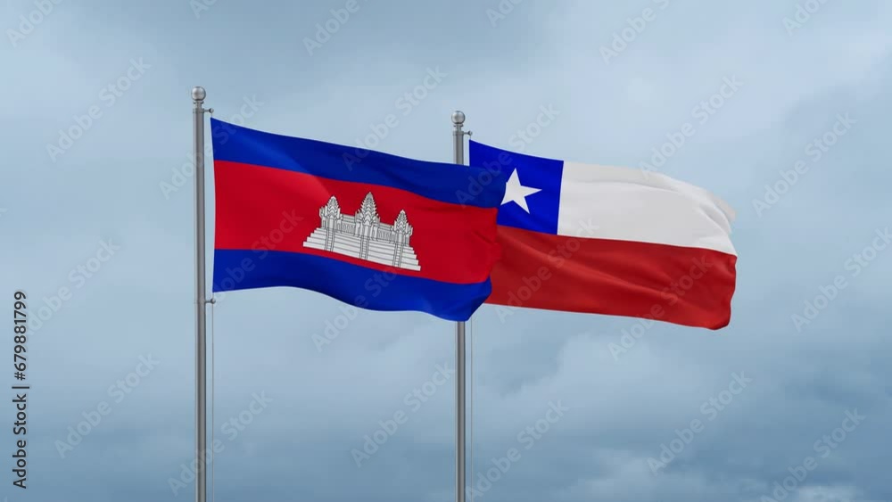 Chile flag and Cambodia flag waving together on cloudy sky, endless seamless loop, two country relations concept