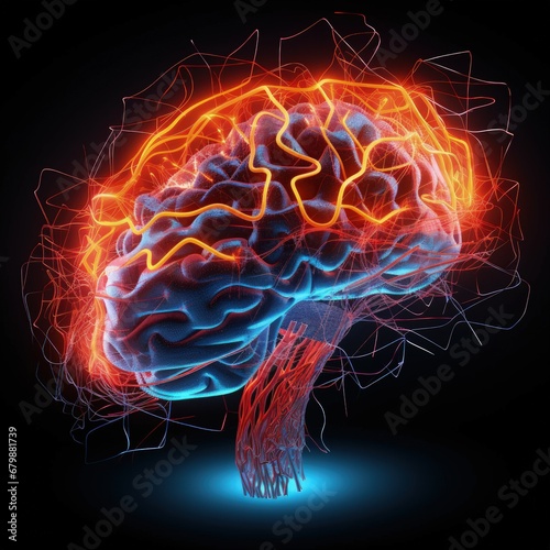 Close up of human brain showing neurons firing and neural extensions, limbic system Mammillary pituitary gland, amygdala thalamus, cingulate gyrus, corpus callosum, hypothalamus.