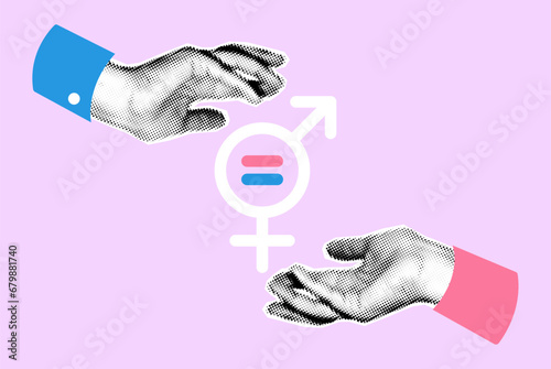 Equality gender symbol art collage with male and female hands showing equal sign. Parity, rights, equity, unity concept. Banner, poster with halftone modern retro cutout elements photo