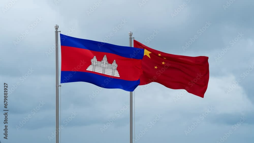 China flag and Cambodia flag waving together on cloudy sky, endless seamless loop, two country relations concept