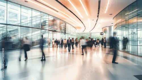 Business people rushing in office lobby with motion blur