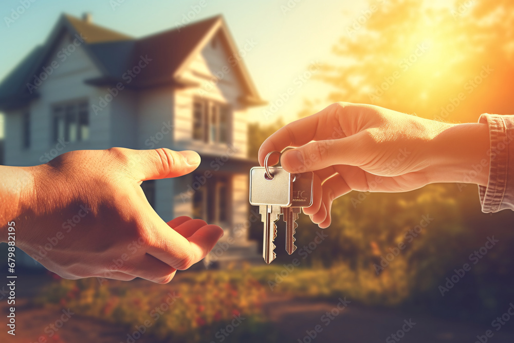 A person handing over the keys to a house to the new homeowner - obrazy, fototapety, plakaty 