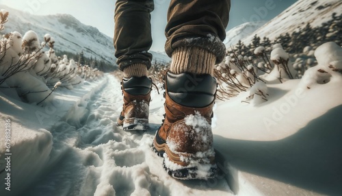 Active hiker on mountain trail: close-up of leather boots in motion, foot raised and planted on path covered with snow photo
