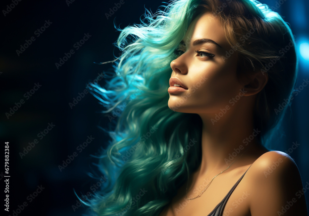 Sensuality and romanticism in a color gel portrait photography of a woman with long hair. AI generative