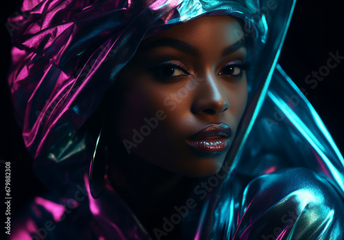 Sensuality and romanticism in a colored gel portrait of a woman with a typical Afro headscarf. AI generated