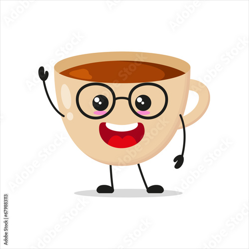 Cute happy cup of coffee character wear eyeglasses. Smiling and greet drink cartoon emoticon in flat style. closet vector illustration