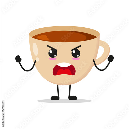 Cute angry cup of coffee character. Funny mad drink cartoon emoticon in flat style. closet vector illustration