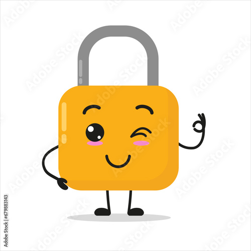 Cute happy padlock character. Funny smiling and wink lock cartoon emoticon in flat style. closet vector illustration