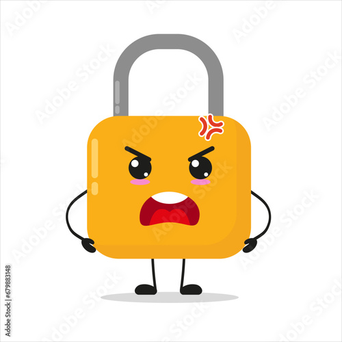 Cute angry padlock character. Funny mad lock cartoon emoticon in flat style. closet vector illustration