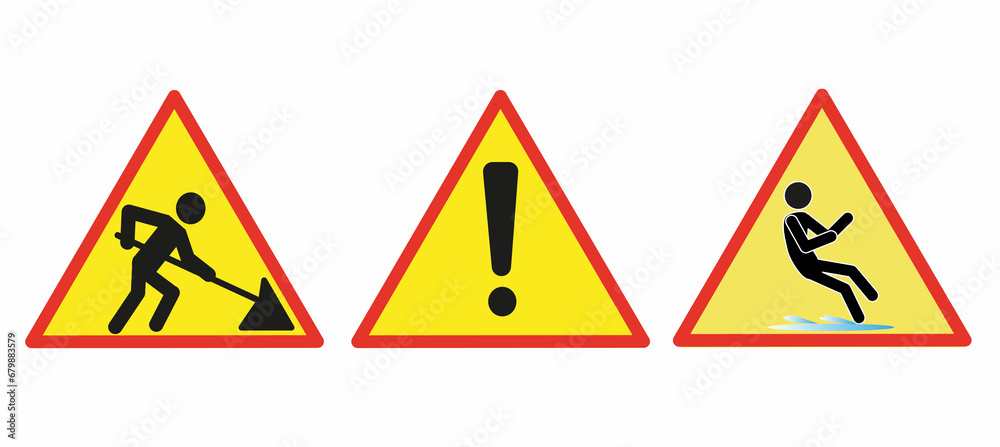 A set of signs warning of danger. Road works, exclamation mark, caution ice. Isolated on a white background. Flat illustration. A set of signs warning of danger. Road works, exclamation mark, caution ice. Isolated on a white background. Flat illustration.