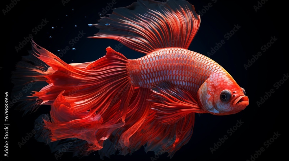 Fototapeta premium Red betta fish fighter double tail halfmoon black background image AI generated art