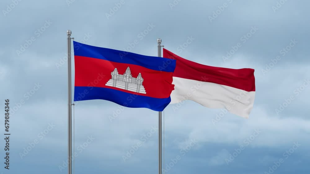 Indonesia flag and Cambodia flag waving together on cloudy sky, endless seamless loop, two country relations concept Indonesia flag and Cambodia flag waving together on cloudy sky, endless seamless loop, two country relations concept