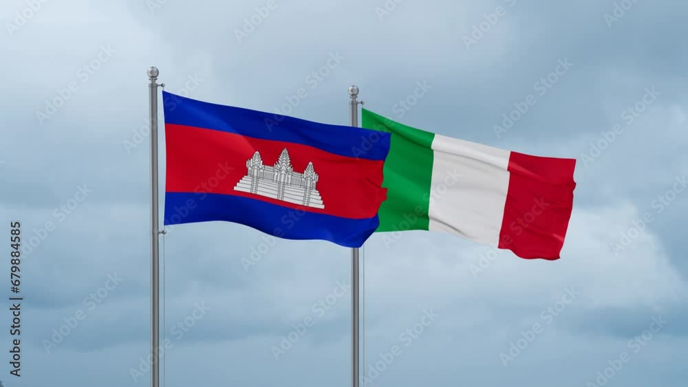 Italy and Cambodia flag waving together on cloudy sky, endless seamless loop, two country cooperation concept Italy and Cambodia flag waving together on cloudy sky, endless seamless loop, two country cooperation concept