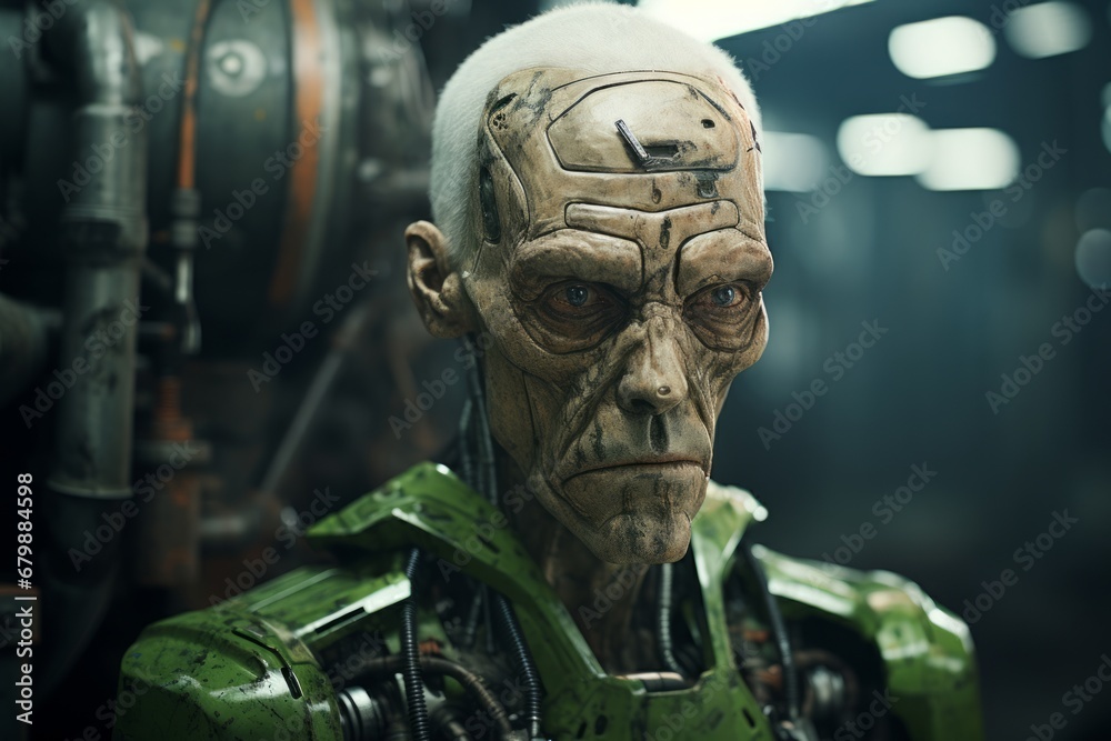 Old lonely android with weathered parts, lost in thought, Generative AI Old lonely android with weathered parts, lost in thought, Generative AI
