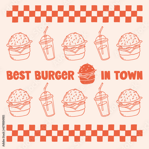 Seamless pattern with sketched burger, cheeseburger or hamburger. Background template for fast food.