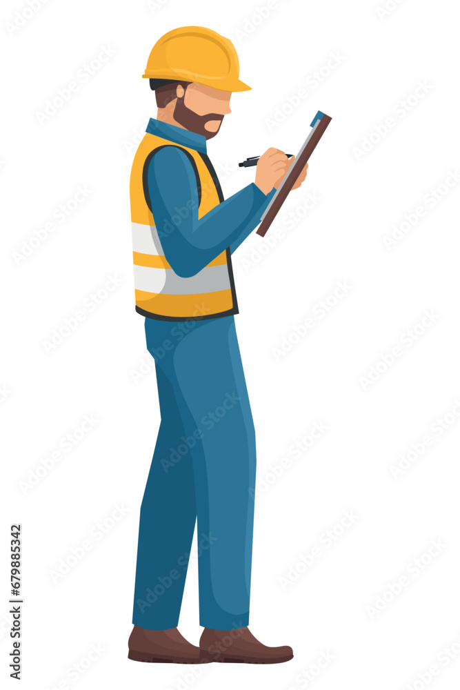 Industrial worker, engineer with his personal protective equipment, helmet, vest, safety shoes writing on a board. Safety First. Industrial safety and occupational health at work Industrial worker, engineer with his personal protective equipment, helmet, vest, safety shoes writing on a board. Safety First. Industrial safety and occupational health at work