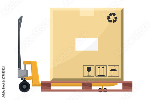 Hydraulic skate with box stacked on a pallet. Cargo and shipping logistics. Industrial storage and distribution of products