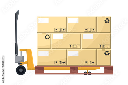 Hydraulic skate with boxes stacked on a pallet. Cargo and shipping logistics. Industrial storage and distribution of products