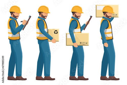 Set of industrial workers with their personal protective equipment, helmet, vest, safety shoes carrying a box checking their order. Safety First. Industrial safety and occupational health at work