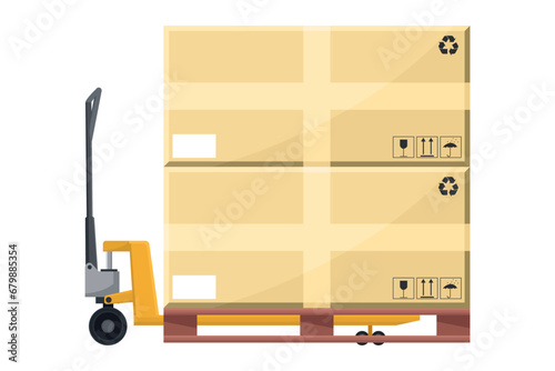Hydraulic skate with boxes stacked on a pallet for export and transportation. Cargo and shipping logistics. Industrial storage and distribution of products