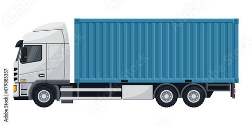 Blue container truck for export and transport of merchandise. Cargo and shipping logistics. Industrial storage and distribution of products