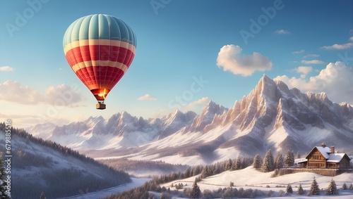 A festive hot air balloon floating over a snowy landscape, spreading holiday cheer. Generative AI