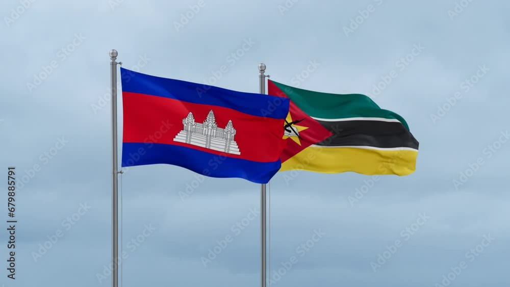 Namibia and Cambodia flag waving together on cloudy sky, endless seamless loop, two country cooperation concept Namibia and Cambodia flag waving together on cloudy sky, endless seamless loop, two country cooperation concept